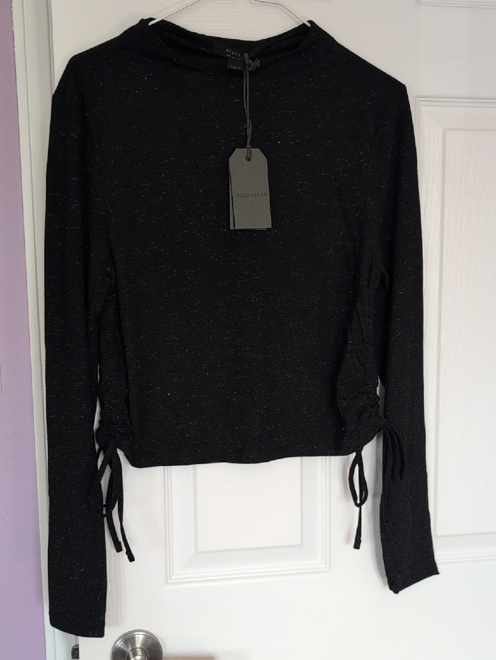 NWT s.8 All Saints Black Sparkle Long-Sleeve Top with Side Drawstrings